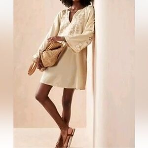 Banana Republic beige embroidered natural split neck cotton Boho dress Sz‎ L